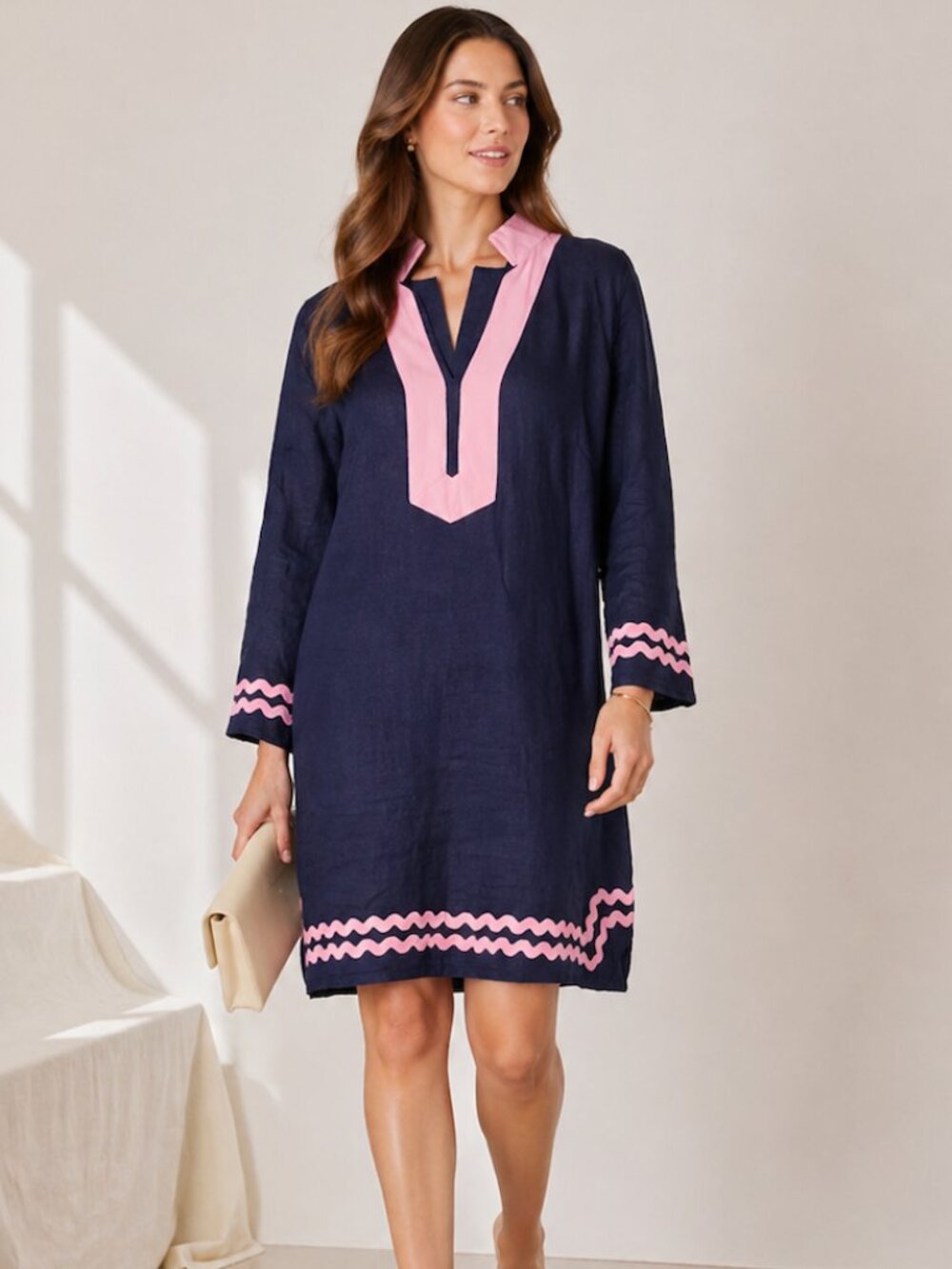Sail to Sable Linen Tunic Shift Dress Navy Pink Resort Preppy Chic